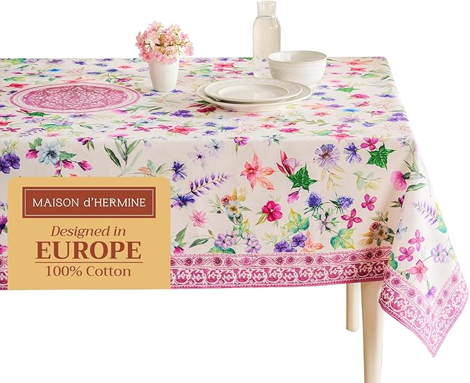 Maison d' Hermine Table Cloth Rectangle Table 100% Cotton 60 x 108 Inches Tablecloth Reusable Decorative Everyday Use for Dining Room, Farmhouse, Home, Party, Festive & Wedding Spring Summer - Chardon