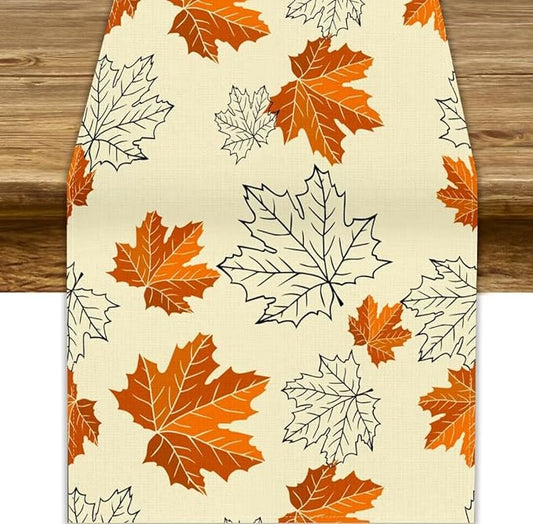 Fall Maple Leaves Table Runner, Rustic Vintage Autumn Orange Leaf Thanksgiving Farmhouse Kitchen Dinning Table for Indoor Outdoor Home Party, 13x60inch