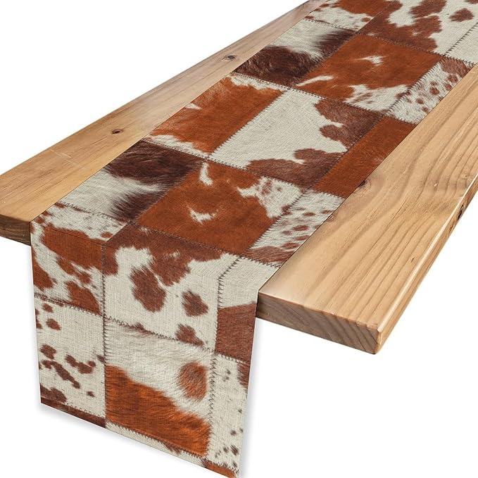 Cow Print Table Runner, Brown Cowhide Print Collage Fur Western Style Table Runner Country Farmhouse Cottage Cow Pattern Linen Table Decoration for Home Kitchen Dining 13x90