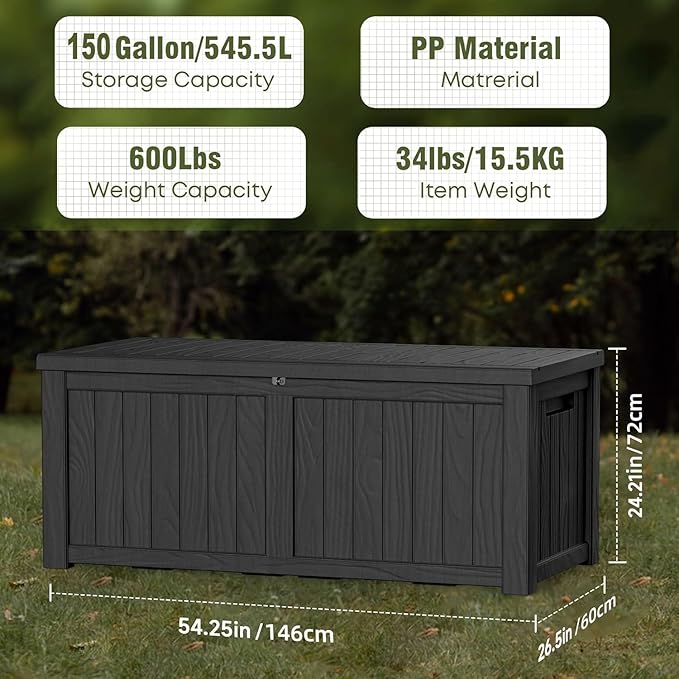 150 Gallon Deck Box,Resin Outdoor Storage Box with Lockable for Patio Furniture, Pool Tools, Garden Tools Waterproof Outside Storage Box, Black