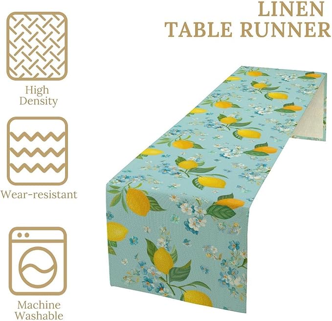 Farmhouse Lemon Fruit Table Runner,Nature Aesthetic Blue Flowers Plant Farmhouse Dining Table Decoration for Home Holiday Party Dresser Kitchen Cabin Restaurant Wedding Decor 13×90in
