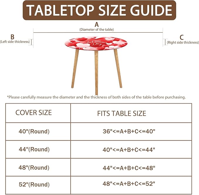 Valentines Day Round Fitted Tablecloth with Elastic Red White Love Heart Circle Table Cloth for 44-48" Round Tables Wipeable Waterproof Washable Valentine Table Cover for Picnic Dining Party Decor