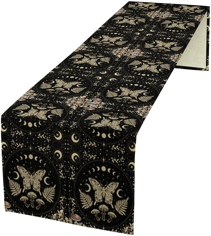 Mushroom Moth Table Runner,Vintage Boho Moon Autumn Seasonal Table Runner for Kitchen Dining Table Holiday Party Home Decor 13x60in