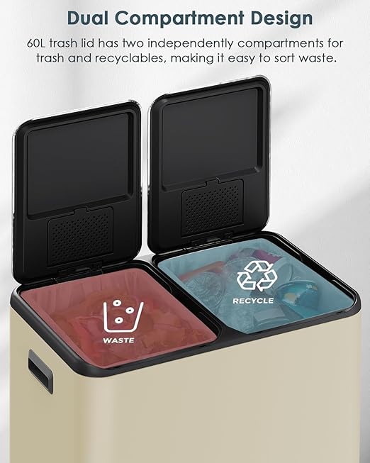 Arlopu 16Gal Dual Trash Can w/2 Built-in Box for Odor Control, Hands-Free Kitchen Garbage Bin, Recycle Waste Dustbin, Soft-Close Lid, 2 Buckets,Foot Pedal, Side Handle, Airtight,for Home (Beige)