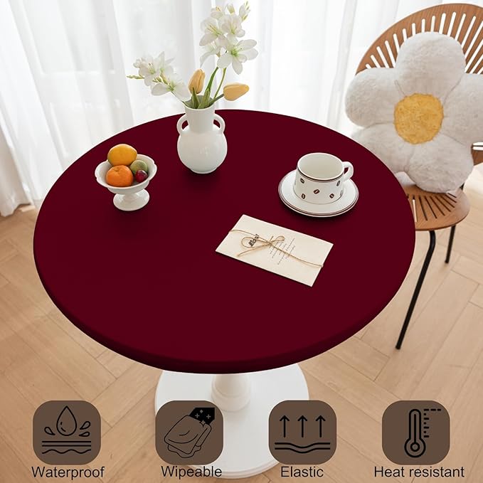 Round Fitted PU Tablecloth with High Elastic Edge 35 Inch Dia Waterproof Oil Proof Table Cloth Anti-Scald Stain-Resistant Wipeable Table Cover for Indoor Outdoor Picnic (Red,35" Dia)