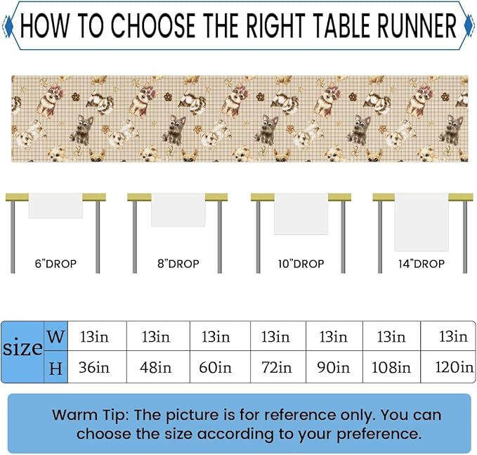 Cute Puppy Table Runner Kitchen Dining Table Runner 13*48in Table Center Decor for Indoor Outdoor Home Holiday Party