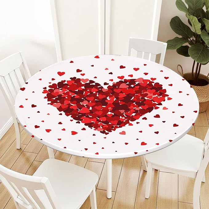 Valentines Day Round Fitted Tablecloth with Elastic Red Love Heart Circle Table Cloth for 44-48" Tables Wipeable Waterproof Washable Valentine Decorative Table Cover for Picnic Dining Party Decor