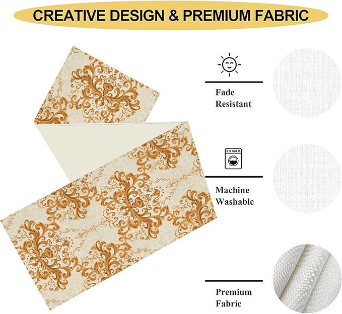 Damask Table Runner, Rustic Gold Gothic Boho Floral Flower Baroque Style Antique Vintage Retro Coffee Table Center Decor for Kitchen and Dining Outdoor Home Country Party Table Decorations, 13"x36"
