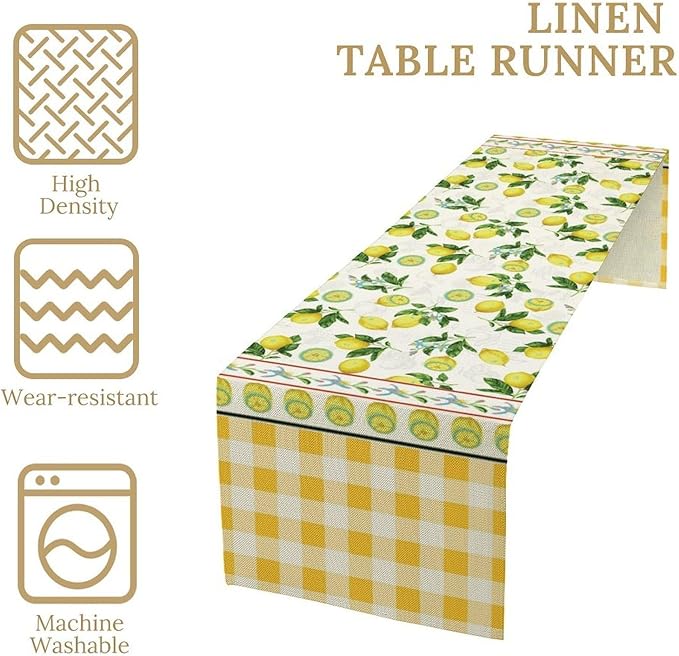 Lemon Buffalo Plaid Table Runner,Rustic Farm Fruit Aesthetic Country Farmhouse Dining Table Decoration for Home Holiday Party Dresser Kitchen Cabin Restaurant Wedding Decor 13×70in