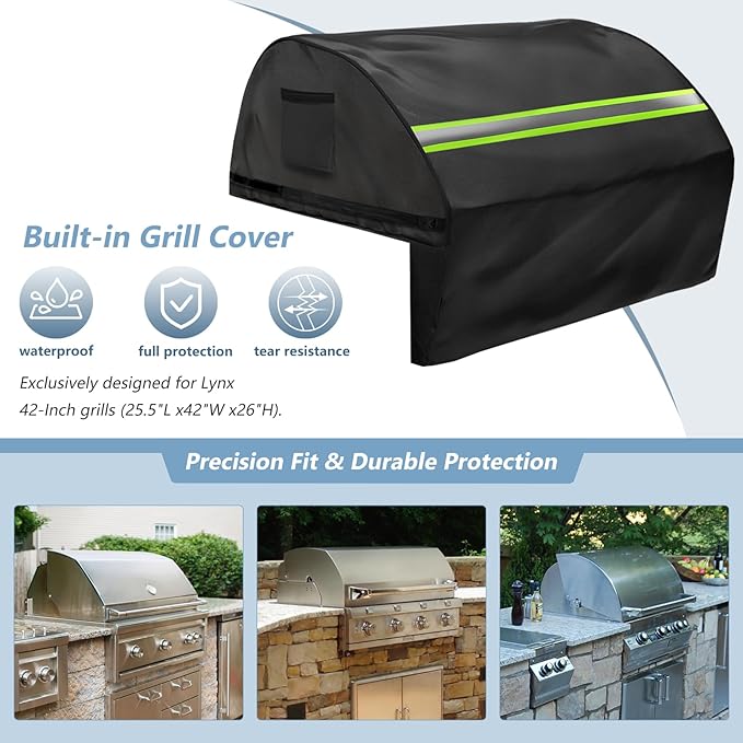 Built in Grill Cover for Lynx 42-Inch - Heavy Duty 600D Waterproof with Reflective Strips and Plush Lining, Protects The Built in Grill While Enhancing its Visual Appeal,25.5" L x42 W x26 H,Black
