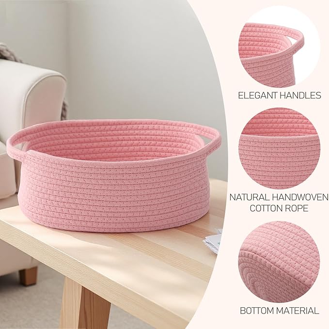 Woven Basket,Small Rope Storage Bin with Handles & Ribbon Bag, Organizer for Shelves Closets,Gift Basket Empty for Birthday,Books,Dog Toys, Pink/3 Pack