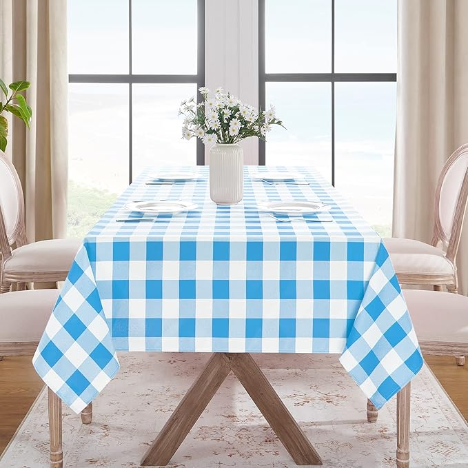 Softalker Gingham Checkered Tablecloth Rectangle - Outdoor Waterproof Buffalo Plaid Table Cloth, Stain Resistant Washable Table Cover for Picnic, Camping, Dining - Blue and White, 60 x 102 Inch