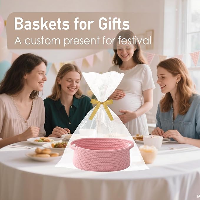 Woven Basket,Small Rope Storage Bin with Handles & Ribbon Bag, Organizer for Shelves Closets,Gift Basket Empty for Birthday,Books,Dog Toys, Pink/3 Pack