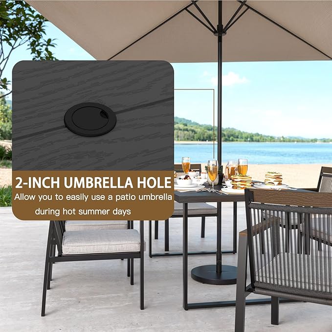 7-Piece Patio Dining Table and Chair Sets, Outdoor Metal Dining Furniture Set with Umbrella Hole, Wood Grain Tabletop, 6 Rope Patio Chairs with Faux Wood Armrest & Cushions for Backyard, Deck
