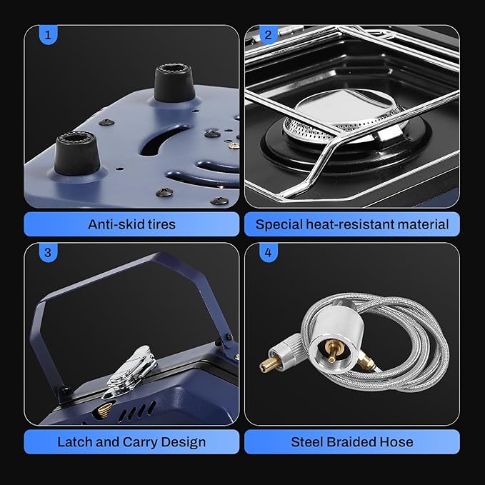 Propane Double Burner Two Burner Camp Stove, 16000 BTU Portable Folding Gas Stove for Camping, With grill, grill pan and carry bag, For camping, home backyard, canning, frying turkey (Blue)
