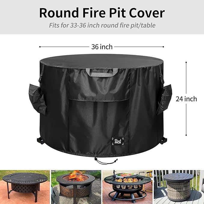 Fire Pit Cover,Heavy-Duty Waterproof Tear-Resistant FirePit Covers Round with Sandbag,Weather and Fade Resistant Fire Pit Cover Round Fits for 33-36 Inch Fire Pit/Table,Black 36" D x 24" H