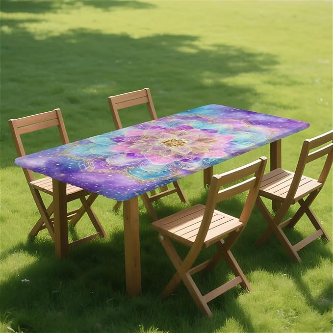 Rectangle Table Cloth Cover Waterproof Elastic Fitted Polyester Fitted Tablecloths for 4 Foot Tables for Indoor,Picnic, Camping, Outdoor （48" x 30"，Datura）