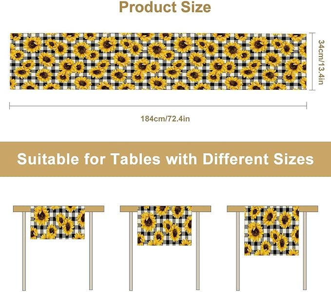 Summer Sunflower Table Runner, Sunshine Seasonal Buffalo Plaid Table Runner for Indoor Home Party Kitchen Dining Outdoor 13x36in