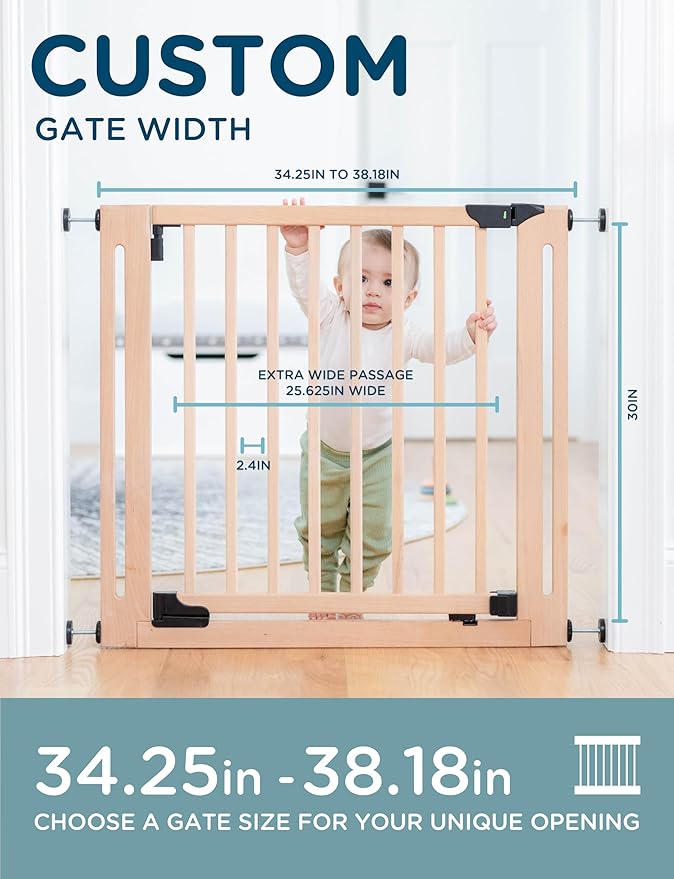 SizeWise™ Wood Pressure Mounted Safety Gate 34.25"-38.18" | Extra-Wide Passage | Auto-Close Two-Way Opening for Doorways and Hallways | Easy Installation | PEFC Certified Beech Wood (28.7" Passage)