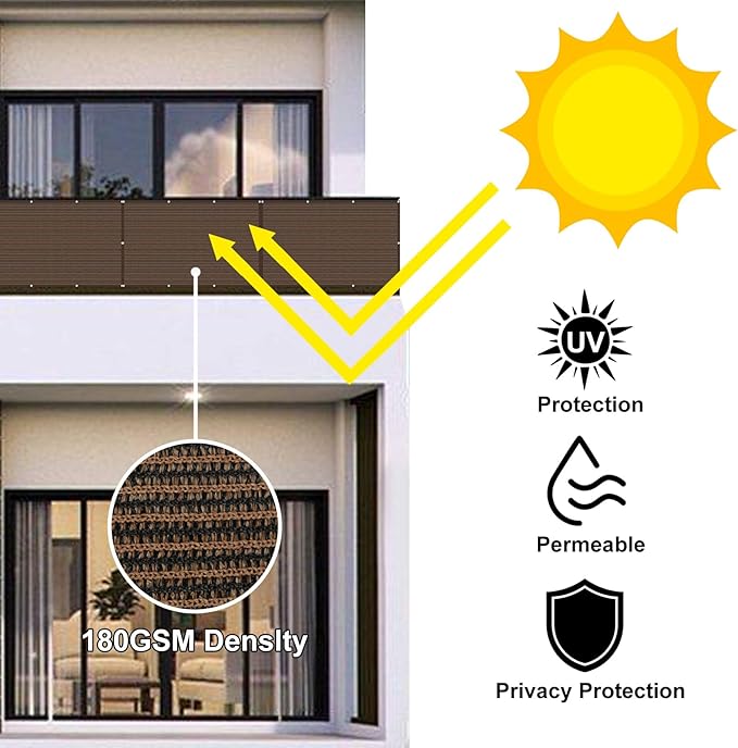 Eden's Decor Balcony Privacy Screen Brown 3'x 37' Cover Mesh Windscreen Weather-Resistant UV Protection for Backyard Deck, Patio, Balcony, Pool, Porch, Fence, Railing, Gardening