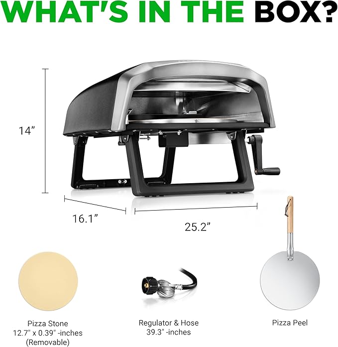 NutriChef Outdoor Pizza Oven with 360° Rotating Pizza Stone | Cooks 12" Pizza in 60 seconds | Adjustable Heat Control Dial, Includes Pizza Peel, Stone & Regulator with Hose | Short Handle