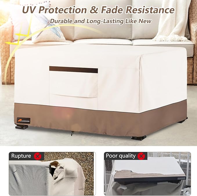 Fire Pit Cover Rectangular, Outdoor Heavy Duty 600D Tear-Resistant 100% Waterproof 44 Inch Fire Table Cover Rectangle, Patio Weatherproof Rectangular Fire Table Protector, Beige 44" L x 28" W x 24" H
