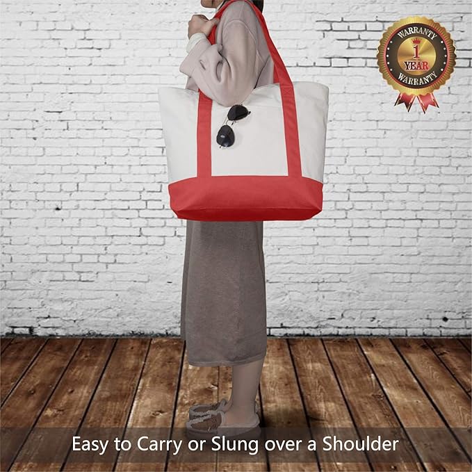 TOPDesign 3-Pack Canvas Tote Bags with an External Pocket, Reusable Grocery Shopping Bags, Top Zipper Closure, Daily Essentials (Red/Natural)