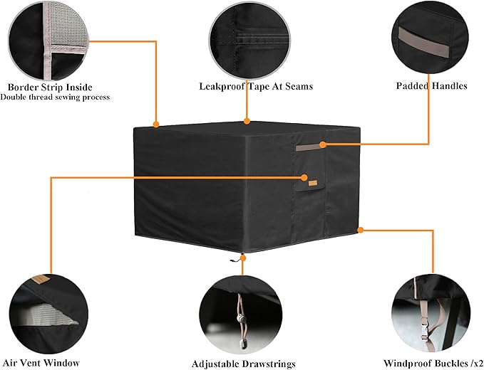 Fire Pit Cover 600D Heavy Duty Waterproof Fabric With PVC Coating Rectangular 48" Wx 28" D x 24" H Black Fits for 46-48 Inch Fire Pit Table Fade Resistant Outdoor Firepit Cover