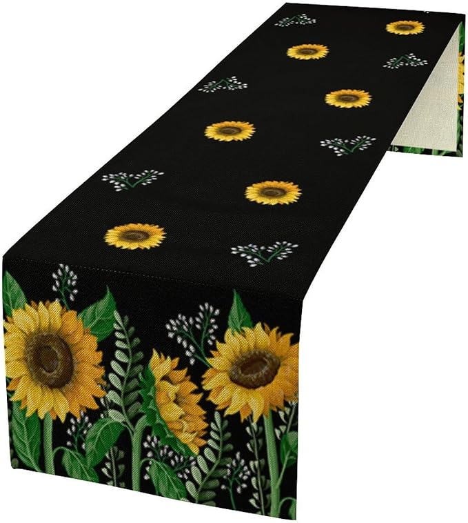 Sunflower Table Runner,Spring Summer Watercolor Floral Plants Leaves Print Table Runner for Kitchen Dining Table Home Holiday Party Indoor Outdoor Decor 13x36in