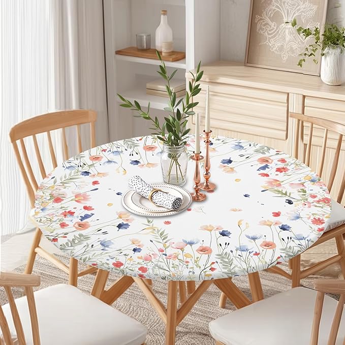 Spring Summer Floral Round Fitted Tablecloth with Elastic Watercolor Farmhouse Wildflower Circle Table Cloth for 48-52" Tables Wipeable Waterproof Easter Flower Table Cover for Picnic Dining Outdoor