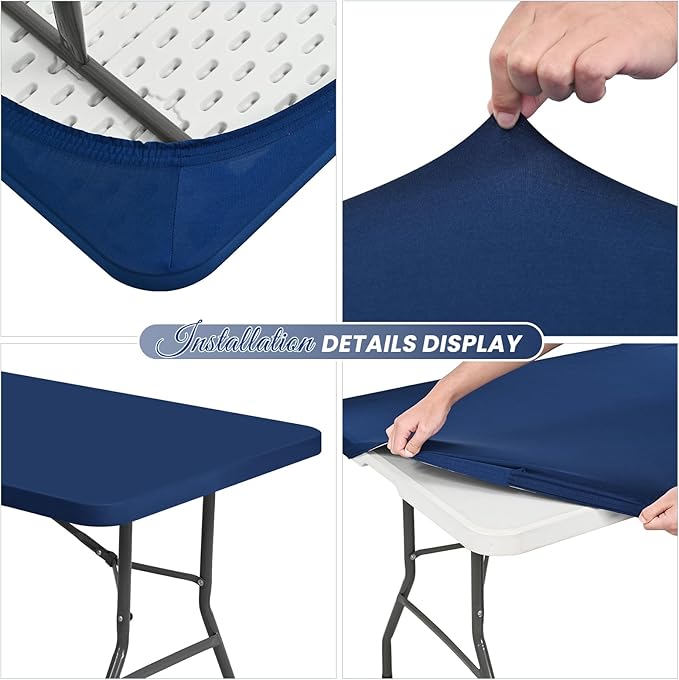 10 Pack Stretch Fabric Table Top Cap Cover, fits 6Ft Tables, Spandex Table Covers Washable Elastic Universal Rectangle Tablecloth Protector for Outdoor Party Picnic Wedding, Navy Blue, 30" W x 72" L