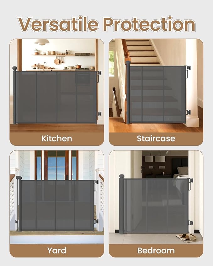 Upgraded Retractable Baby Gate - 71" Wide 34" Tall Mesh Child Safety Gate with High-Density Reinforced Rods, Easy One-Hand Operation Retractable Dog Gate, Fits Baseboards, Gray