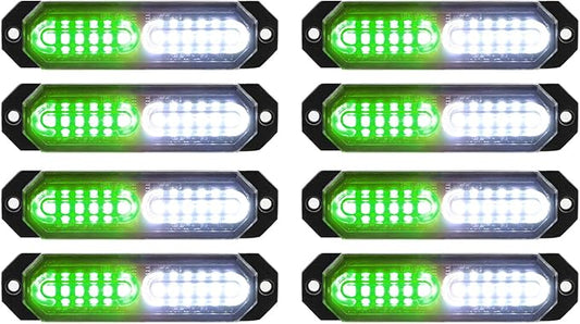 ASPL 8pcs Sync Feature Ultra Slim 12-LED Surface Mount Flashing Strobe Lights for Truck Car Vehicle LED Mini Grille Light Head Emergency Beacon Hazard Warning Lights (Green/White)