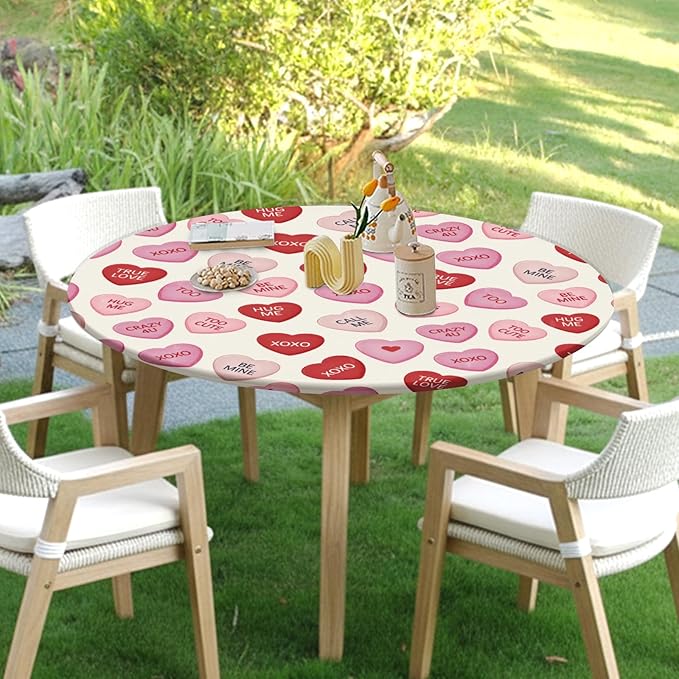 Valentines Day Round Fitted Tablecloth with Elastic Pink Red Love Hearts Circle Table Cloth for 44-48" Round Tables Wipeable Waterproof Valentines Decorative Table Cover for Picnic Dining Party Decor