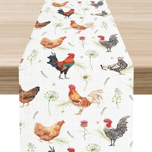 Farmhouse Rooster Table Runner, Rustic Farm Animals Cow Pig Chicken Coffee Table Center Decor for Home Kitchen Dining Patio Holiday Party Indoor Outdoor Table Decorations, 13"x108" Inch