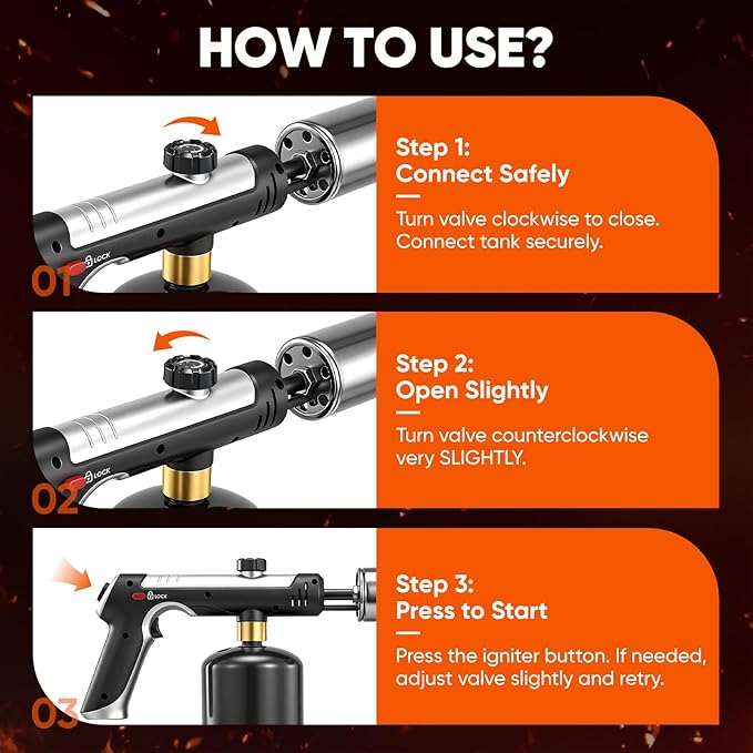 Propane Torch, Stainless Steel Torch Lighter, 3272°F Propane Torch Gun with Adjustable Flame & Safety Lock, for BBQ Grilling, Charcoal Igniting, Cooking, DIY Projects (2 Sets)