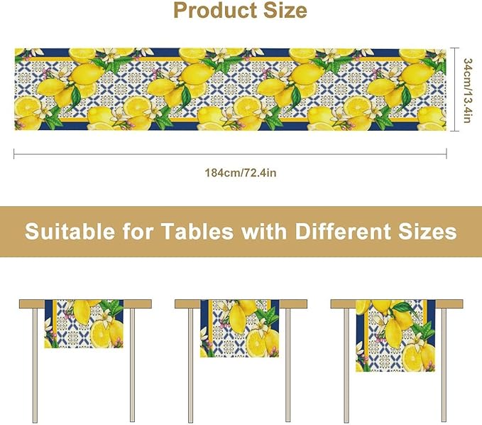 Yellow Lemon Table Runner, Spring Summer Seasonal Blue Tiles Watercolor Lemon Table Runner for Farmhouse Kitchen Indoor Outdoor Party Decor, 13x108inch