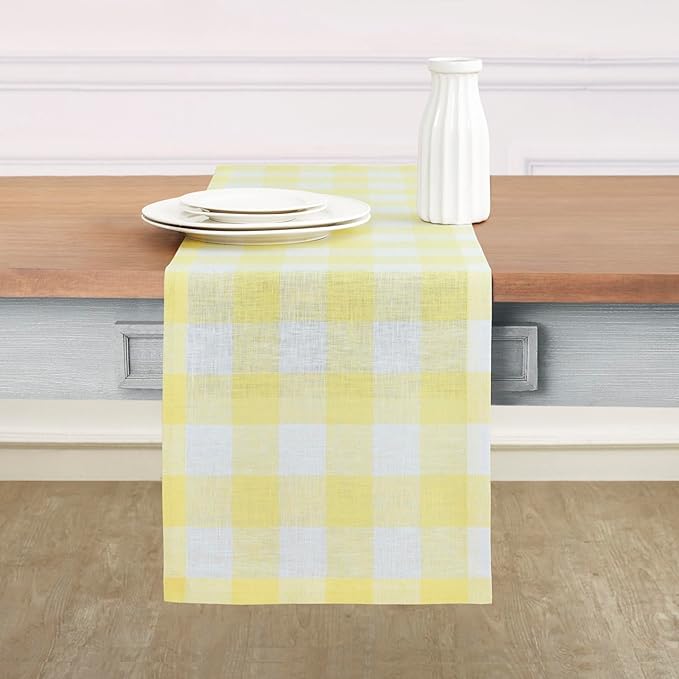 Solino Home Linen Checkered Table Runner 120 Inches Long - 100% Pure Linen Yellow and White Buffalo Check Table Runner 14 x 120 Inch Ideal for Dining, Spring, Easter
