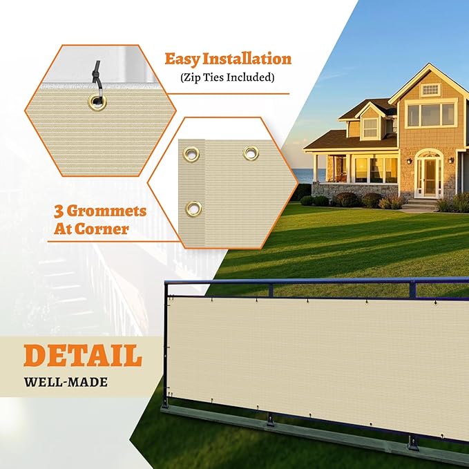 2.5' x 253' Balcony Privacy Screen Fence Cover with Zip Ties Grommets for Apartment Patio Porch Deck Backyard Outdoor (Beige)