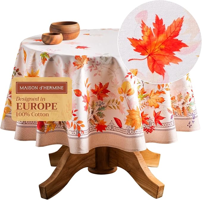 Maison d' Hermine Table Cloth Round Table 100% Cotton 69 Inches Fall Tablecloth Reusable Everyday Use for Thanksgiving Christmas Decorations Dining Farmhouse Party (Amarante)