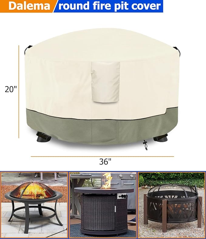 Fire Pit Cover,Outdoor Heavy Duty 600D 100% Waterproof Fire Pit Cover Round,Weatherproof Firepit Covers Round 36" Dia x 24" H,Beige