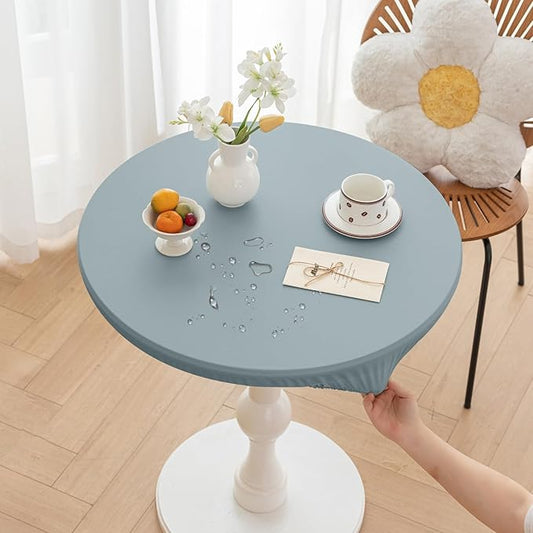 Round Fitted PU Tablecloth with High Elastic Edge 28 Inch Dia Waterproof Oil Proof Table Cloth Anti-Scald Stain-Resistant Wipeable Table Cover for Indoor Outdoor Picnic (Blue,28" Dia)