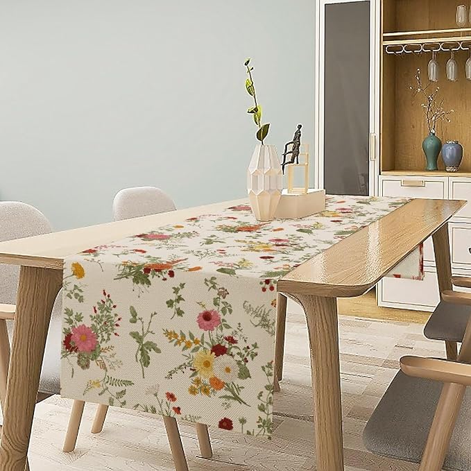 Vintage Flower Table Runner, Rustic Farmhouse Retro Garden Botanical Plants Herbs Wildflower Print Table Runner for Kitchen Dining Room Wedding Party Decor, 13x90inch