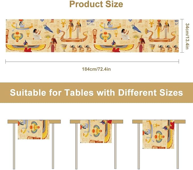 Egypt Table Runner, Ancient Egyptian Mythology Gods Hieroglyphic Elements Retro Farmhouse Table Runner for Home Kitchen Dining Party Indoor Outdoor 13x108in
