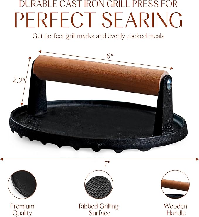 Bellemain Heavy Duty Cast Iron Smash Burger Press 7" Round Grill Press for Cooking Burgers, Bacon, Sandwiches, Steak, BBQ, Ground Beef, Meats, Sausages, and So On