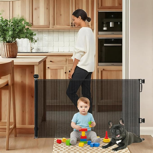 Retractable Safety gate, pet/Dog/cat Temporary Door, Baby Safety Temporary Door,for Doorways and Stairs,Expands to 55.1" Wide,One-Hand Operation,Easy Installation(Black 33.5"x55.1")