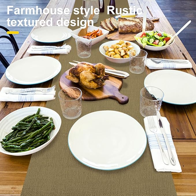 Waterproof Wipeable Table Runner, Thick Farmhouse Table Runner, Dresser Runner, Rustic Table Runner for Kitchen Dining Room, Bedroom, Living Room, Indoor and Outdoor (48'', Camel Brown)