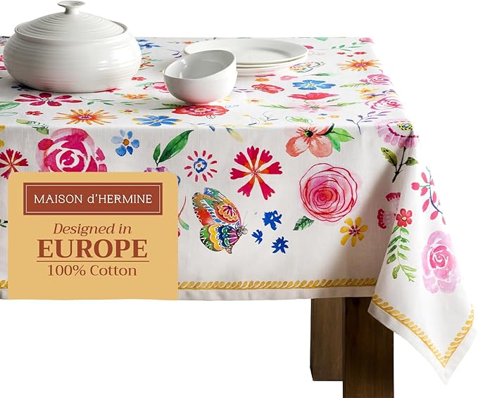 Maison d' Hermine Table Cloth Rectangle Table 100% Cotton 60 x 108 Inches Tablecloth Reusable for Dining Room, Farmhouse, Home, Party, Festive & Wedding Spring Summer - Happy Florals - Sweety