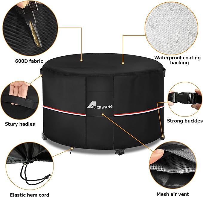 Fire Pit Cover Round 36 Inch Waterproof,Outdoor Heavy Duty Durable 600D Tear-Resistant Fire Pit Table Cover,Patio Round Firepit Cover 36" D x 24" H, Black