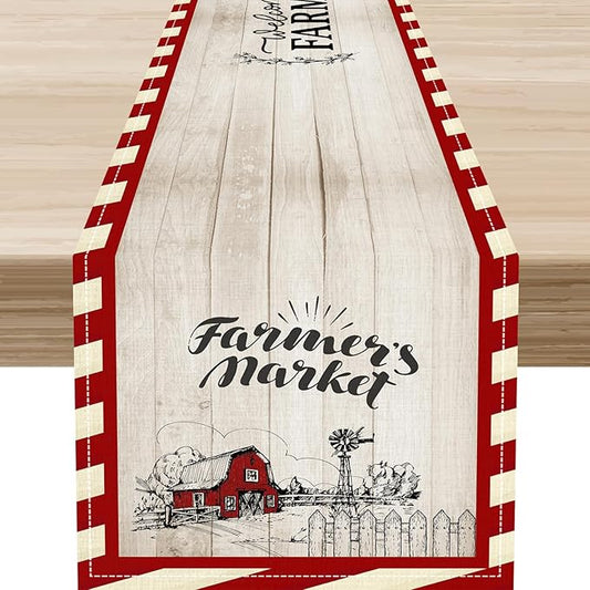 Farmhouse Table Runner, Rustic Country Barn Cottage Rooster Check Animal Plank Coffee Table Center Decor for Home Kitchen Dining Patio Holiday Party Indoor Outdoor Table Decorations 13"x72"